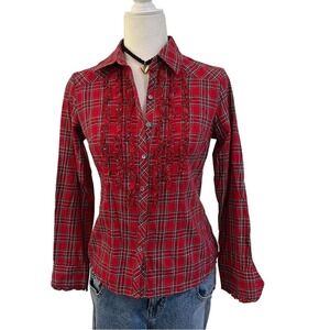 Vintage Pendleton Red Plaid Ruffle Blouse Western Prairie Cotton Shirt SP